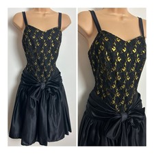 Vintage 1980s Black & Metallic Gold Lace Bodice Xmas Party Prom Dress 10