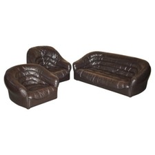 VINTAGE 1960'S MID CENTURY MODERN DANISH BROWN LEATHER SOFA & ARMCHAIR SUITE