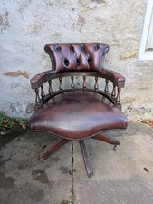 Vintage Burgundy Leather Chesterfield Style Swivel Captains Chair 
