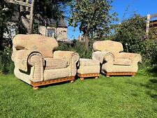 Pair Of barker Stonehouse Italian style feather cushion armchairs, footstool