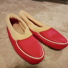 VINTAGE ANTIQUE RED/CREAM LEATHER WOMENS SLIPPERS SHOES SZ 8-9 WOOL