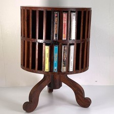 Vintage Wooden Cassette Tape Storage Table Holds 60 Rotating Floor Standing Wood