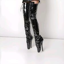 Fetish lace-up Patent Ballet Heel 18cm 7" high heel thigh boots Black Patent UK8