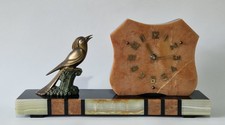 Large & Heavy Art Deco Marble Mantle Clock with Bird Signed "Tedd"