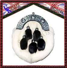 SCOTTISH FULL DRESS SPORRAN WHITE RABBIT FUR & CHROME CELTIC CANTLE 5 TASSELS