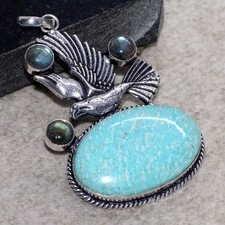 Bird Amazonite Fiery Labradorite 925 Silver Plated Gemstone Pendant 3" GW