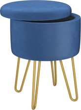 Round Velvet Vanity Stool with Storage, Blue Dressing Table Chair with Gold Meta