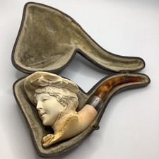 Antique Carved Meerschaum Pipe Amber Hallmarked Silver Collar Birmingham 1911