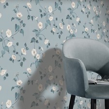 Duck Egg Floral Wallpaper Cream Flowers Smooth Finish Feature Wall Living Room