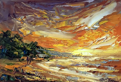 Sunset beach scene oil - beach,
