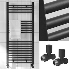 Bathroom Heated Towel Rail Matt Black Straight Radiator Ladder Warmer & Valves
