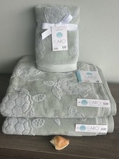 4pc CARO Home 2 Bath and 2 Hand Towels Light Green Turtle Nautical Ocean New!