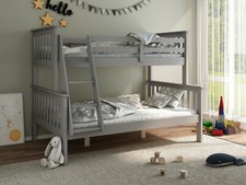 Clover Triple Sleeper 4FT Grey Solid Wood Pine Bunk Bed With Mattresses Bedroom