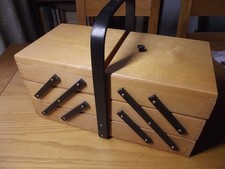 Vintage Large Wooden 3 Tier Cantilever Sewing Box Basket