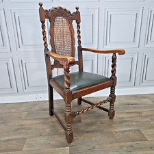 Antique Victorian Oak Barley Twist Carved Armchair Cane Back Leather Seat Throne