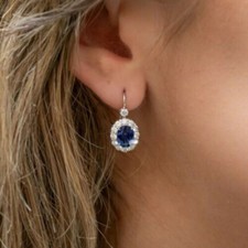 3.50Ct Oval Cut Blue Sapphire Diamond Drop/Dangle Earrings 14K White Gold Finish
