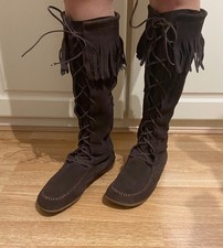 Skechers Brown Suede Leather Fringe Tassel Lace Up Mid Calf Boho Hippie Boots 7