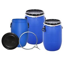 60 Litre Plastic Blue Open Top Storage Barrel with Lid, Latch Ring & Lock