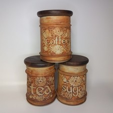 Quantock Pottery Stoneware Jars Set of 3 Tea-Coffee-Sugar with Wooden Lids 6.5"