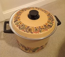 Vintage Floral Enamel Pan Casserole Pot & Lid Retro Cottagecore Twin Handles