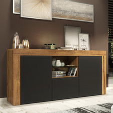 145cm Modern TV Unit | Oak Matt Body & Black Matt Doors | Glass Shelf