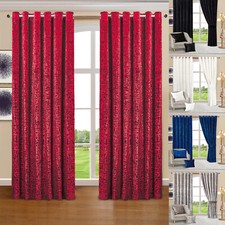 Luxury Eyelet Crushed Velvet Ring Top Curtain Ready Made Top Lined Curtains Pair