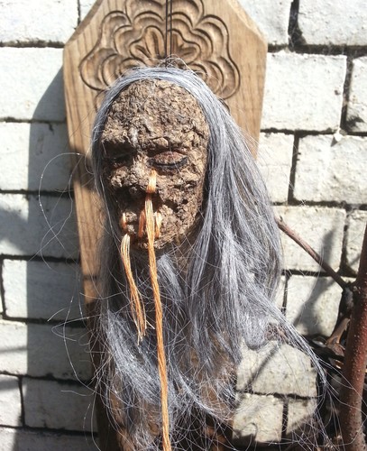 Grey haired shrunken head - shrunken,