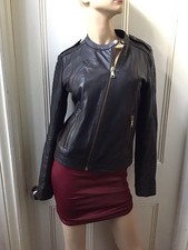 Mango Women’s Biker Jacket Black Genuine Leather Gold Zip Moto Style EU M