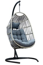 SH&G Hanging Egg Chair | Basket Chair, Stand & Cushion Set | Grey Rattan & Steel