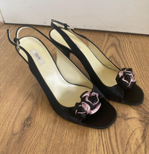 Prada Open Toe High Heeled Shoes Flower Size 38 UK5 Black Pink Satin Slingback