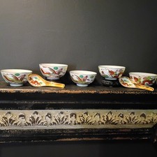 Antique Chinese Dragon And Phoenix  Porcelain Soup/Rice Bowls W/Matching Spoons