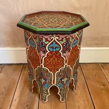 Vintage Hand Painted Moroccan Octagonal Side Table Wooden Wood Carved Handmade