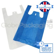 HIGH QUALITY PLASTIC VEST CARRIER BAGS BLUE OR WHITE 11"x17"x21" *ALL QTY'S*