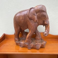 Large Vintage Exotic Hand Carved Wooden Elephant Standing On Base -Great Detail