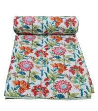 Double Vintage Floral Kantha Quilt Blanket Bedspread Coverlet Bed Runner