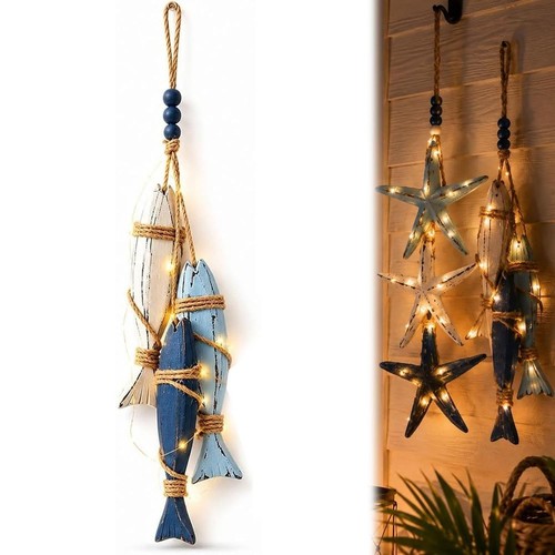 Lighted wooden fish starfish - &,