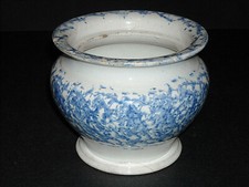 Antique Blue & White Sponged Spatterware Sugar Bowl Stoneware Spongeware