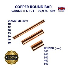 Copper Round Bar 10/12/20/25/30/40/50 Dia, 100/200/300/400/ 500mm -0/+2 Length