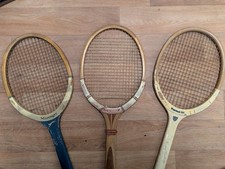 3 antique wooden tennis racquets - Dunlop, Slazenger & Grays, with presses