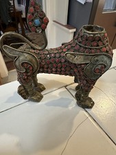 🐉 Antique Tibetan Bronze Snow Lion Figure Coral & Turquoise Inlay Missing Head