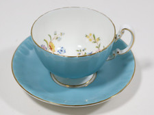 AYNSLEY Tea Cup and Saucer Cottage Garden Blue Turquoise Set Bone China England