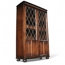 Vintage Oak Glazed Bookcase / Leaded Glass Door Display Cabinet