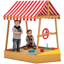 AIYAPLAY Wooden Kids Sandpit with Canopy, Seats, Rudder & Bottom Liner