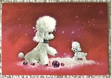 Vintage Christmas White Poodle Dog Puppy Pink Ornaments Greeting Card 1960s