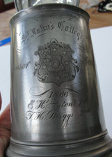 Rare Antique 1866 Johns Colledge James Dixon & Sons Pewter Tankard Glass Bottom