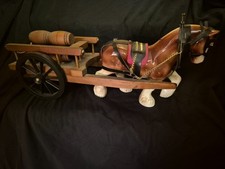 Vintage china shire horse and wooden cart with barrels