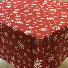 CHRISTMAS WINE RED WHITE SNOWFLAKES LINEN LOOK TEXTURED PVC VINYL TABLE CLOTH