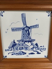 Vintage Framed Delft Blue Ceramic Windmill Tile, Royal Moss Tile