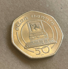 1990 Isle of Man LARGE old 50p Pence Coin Ellan Vannin Computer