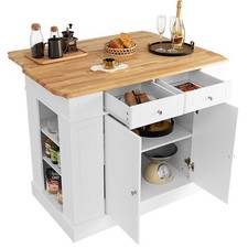 Kitchen White Island with Drop Leaf & Rubberwood Countertop &Adjustable Shelves